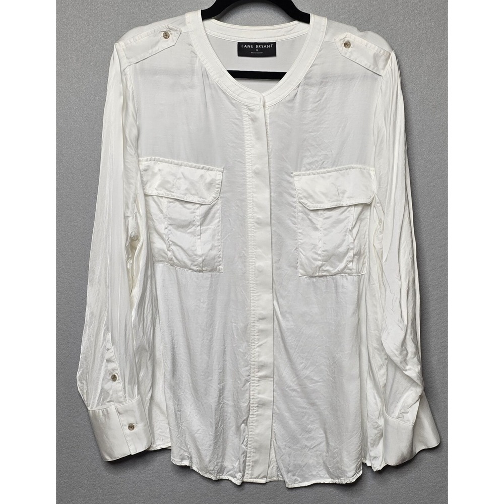 Lane Bryant Womens White Satin Blouse Size 18 Long Sleeve Button Front Pockets‎